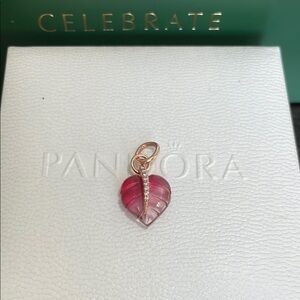 Pandora Rose Gold Cerise Pink Heart Glass Leaf CZ Adorned Charm